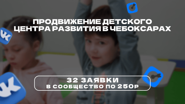 Кейс: продвижение Детского центра развития в ВК. Более 32 заявок по 250р в Чебоксарах
Кейс: продвижение Детского центра развития в ВК. Более 32 заявок по 250р в Чебоксарах