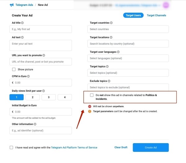 
                    ⚡️В Telegram Ads появилась возможность исключить показы в Политических каналах            