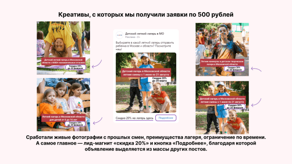 Кейс клиента Vitamin.tools о продвижении детского лагеря в VK Ads: как получать заявки по 500 рублей 3 месяца подряд             
                    Кейс клиента Vitamin.tools о продвижении детского лагеря в VK Ads: как получать заявки по 500 рублей 3 месяца подряд