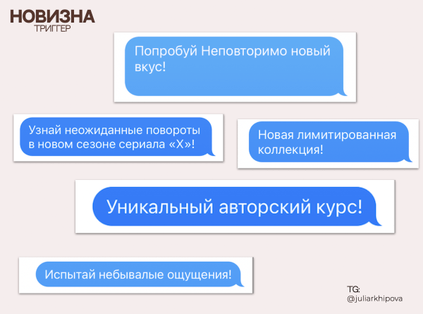 
                    Новизна - крючок рекламы, на который легко попасться. О триггерах маркетинга с психологической точки зрения, с примерами и наглядно            